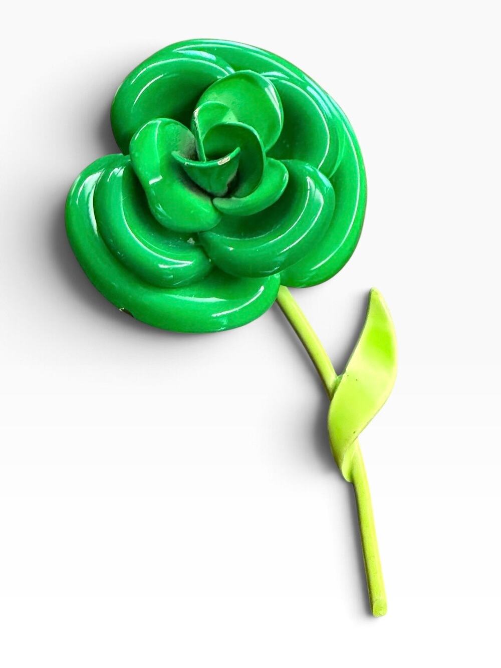 Vintage Green Enamel Rose Brooch Pin Bright Lime Floral Costume Jewelry